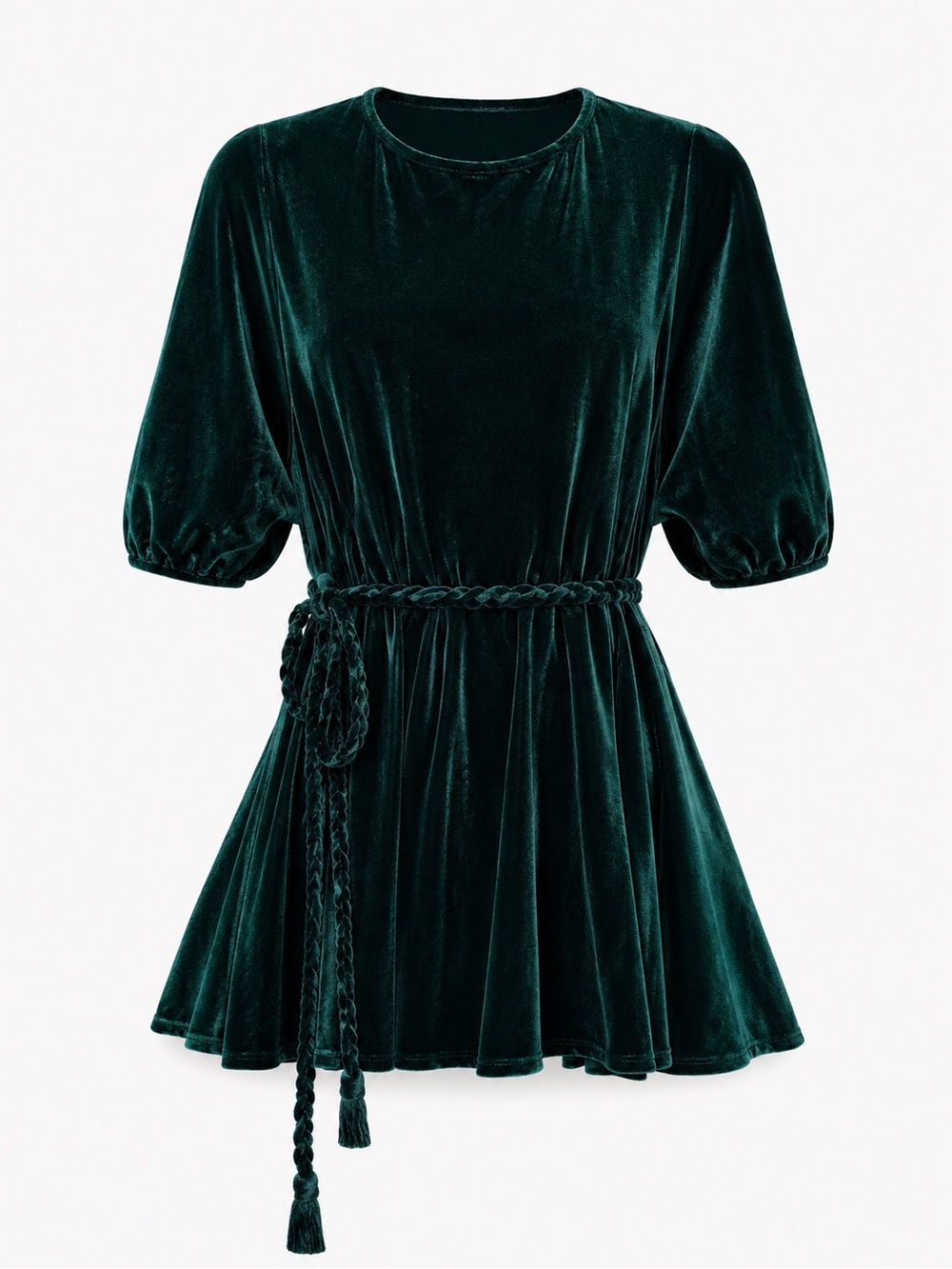 Aakaa Emerald Green Velvet Mini Dress with Braided Belt Size Small NWT
